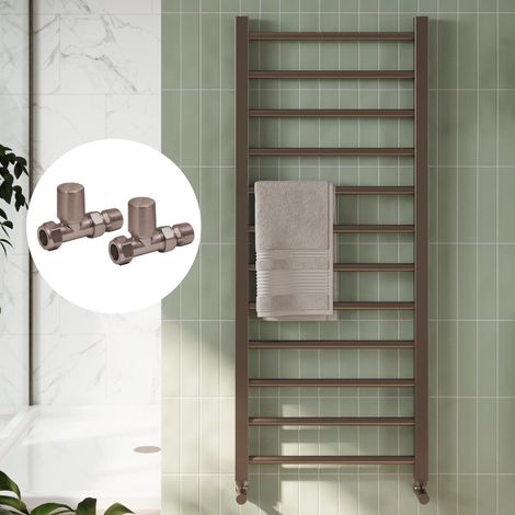 Brushed Bronze 1200 x 500mm Heated Bathroom Towel Rail Warmer Ladder Radiator with Straight Manual Valves Pair (1/3)