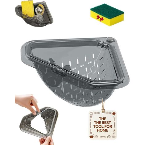 Passoire d'angle pour évier de cuisine, filtre triangulaire magnétique avec fond ouvert à torsion, récupérateur de nourriture pour éviers de cuisine, support de drainage sans perçage et porte-éponge (1/5)