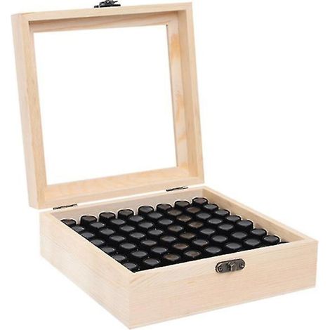 Aufbewahrungsbox aus Holz für ätherische Öle, 64 Fächer, für Fläschchen von 1 bis 3 ml. (1/4)