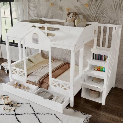Lit superposé et lit enfant en pin, mdf et contreplaqué blanc, 90&140x200 cm, avec rangements (1/5)
