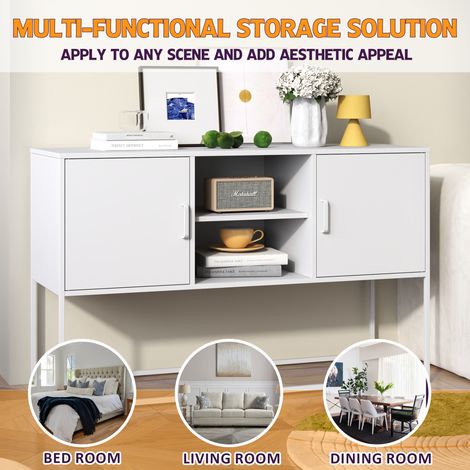 Armoire en métal blanc, buffet et armoire de rangement avec coffre à bijoux. Structure métallique robuste, couleur blanche élégante. Dimensions : hauteur 75 cm, largeur 120 cm, profondeur 40 cm.