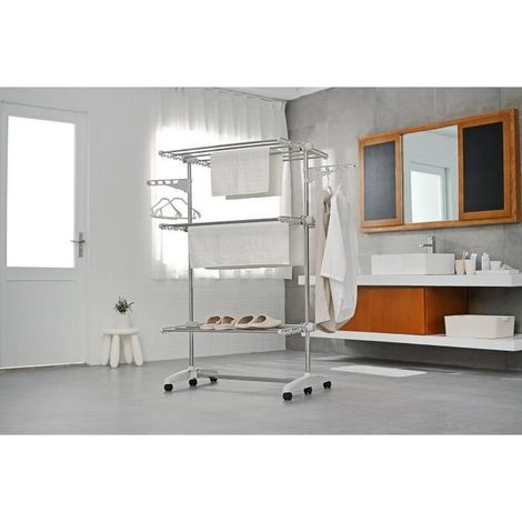 Hobag – ETENDOIR à linge grande capacité – 3 niveaux modulables – 20 m d'espace de séchage – Stable sur sols irréguliers avec 6 roues