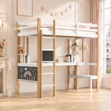 Cama alta 90x200 cm con escritorio y estanterías, cama infantil con pizarra, madera de pino y MDF de estilo escandinavo, Blanco y madera natural (1/5)