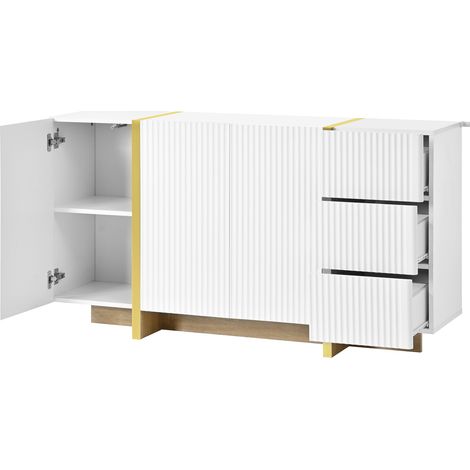 Buffet blanc à 3 portes et 3 tiroirs façade rainurée 140 x 36 x 75 cm HOMVRA (1/5)