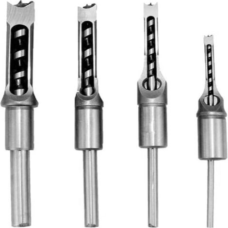 Juego de brocas cuadradas de acero para carpintería, compuesto por brocas con diámetros de 6,35 mm (1/4 de pulgada), 7,94 mm (5/16 de pulgada), 9,52 mm (3/8 de pulgada) y 12,7 mm (1/2 pulgada). (1/5)