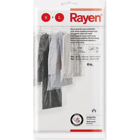 Rayen - Custodia per Armadio con antitarme. Confezione da 6 Sacchetti Trasparenti per riporre i Vestiti Antipolvere, in polietilene, 65 x 100 cm, 3 e 65 x 150 cm (1/3)