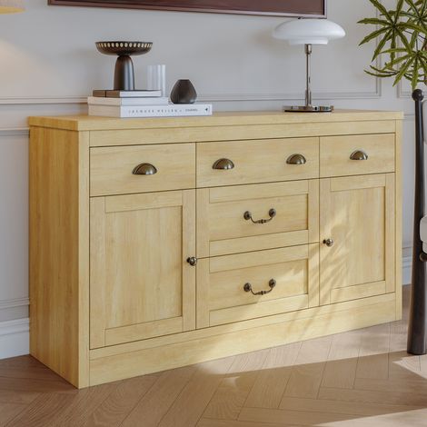 Buffet Scandinave -Buffet bahut salon- Armoire Salle à manger avec 2 portes et 5 tiroirs -135 x 39.8 x 80 cm-couleur chêne-MDF