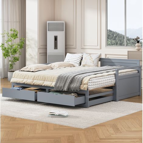 Lit gigogne en bois gris 90x190/180x190 cm avec tiroirs de rangement et sommier à lattes inclus (1/5)