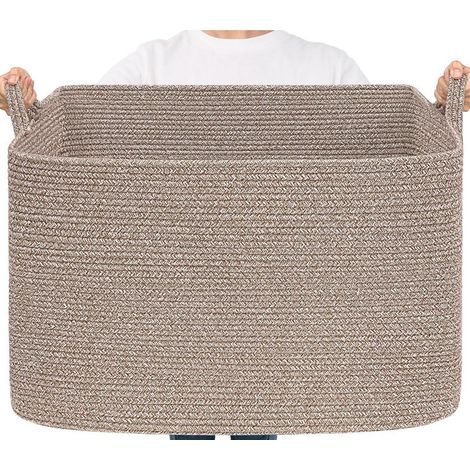 Grand panier de rangement rectangulaire en corde de coton 105L marron avec poignées (1/5)