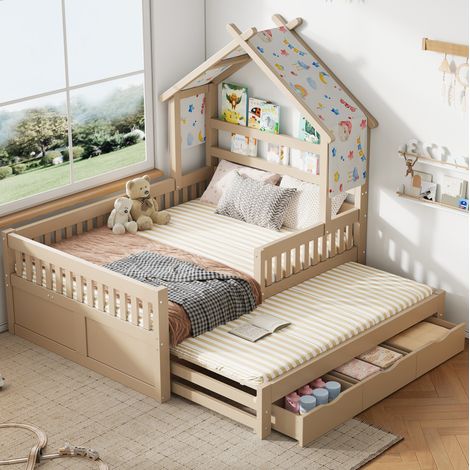 Lit cabane en bois crème 140x200 cm avec lit gigogne, 3 tiroirs, barrières de sécurité et sommier à lattes