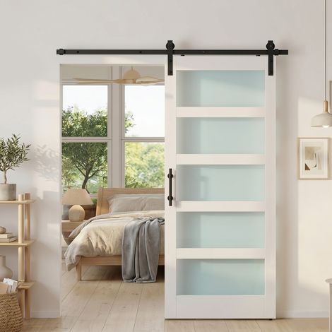 Porte coulissante 91,4 x 213,4 cm avec kit de panneau en verre. Effet bois blanc (1/5)