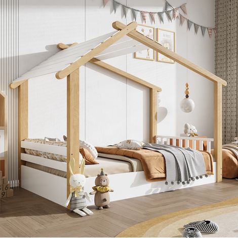 Letto singolo per bambini a casetta, 90x190 cm, in pino, truciolare e MDF, bianco e naturale, con rete a doghe (1/5)