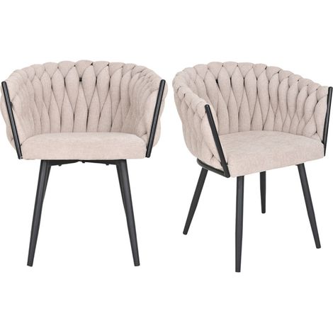 Lot de 2 chaises en tissu maille tressé beige et pieds métal - BOWI 2 (1/5)