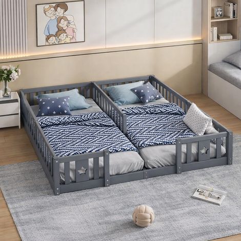 BSMGSGN-90x200 cm Lit Enfant gris avec Barrières de Sécurité, Lit au Sol en Bois Minimaliste, Cadre de Lit sans Sommier, sans Matelas (1/5)