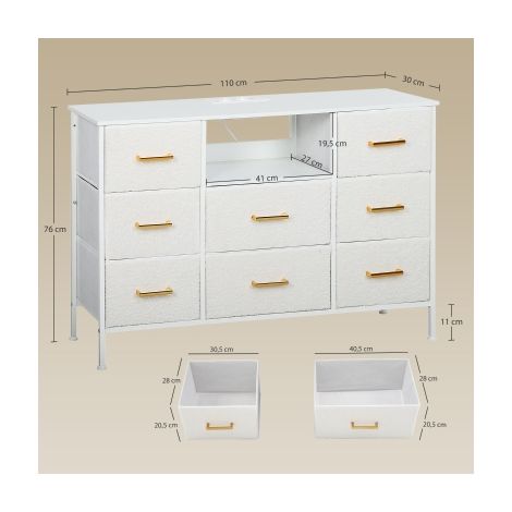 Commode de rangement blanc crème avec 8 tiroirs en tissu, cadre en acier robuste, bloc prises intégré, armoire à tiroirs pour entrée, chambre, salon et bureau