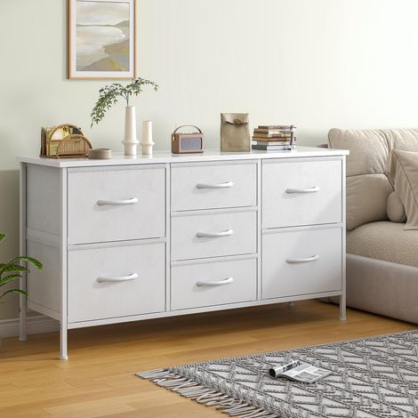Kommode, Schrank, 7 Stoffkommode mit Metallrahmen und MDF-Holzplatte, verstellbare Füße, Kippsicherung, Aufbewahrungsschrank für Schlafzimmer, Wohnzimmer, Kleiderschrank, Weiß (1/5)