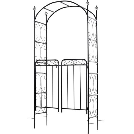 Antique Black Garden Metal Arch with Gate for Outdoor Patio - Climbing Plant Trellis Arbor, 108L x 45W x 215H cm