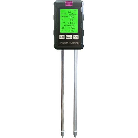 Testeur 6 en 1 : terre, pH, fertilité, thermomètre, hygromètre, luxmètre avec écran LCD rétroéclairé rotatif à 90°. (1/5)