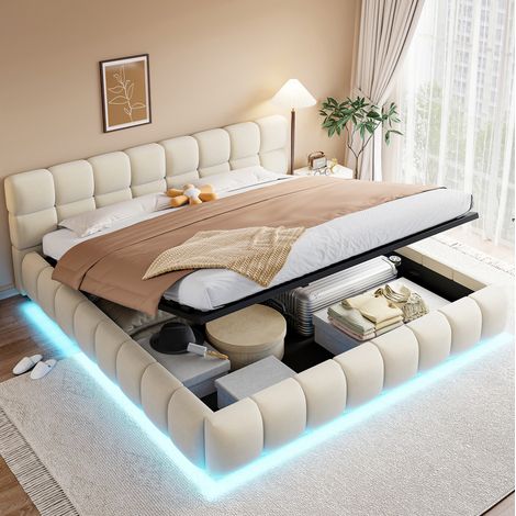 Letto imbottito 180x200 cm beige in velluto, con LED, contenitore idraulico e testiera (1/5)