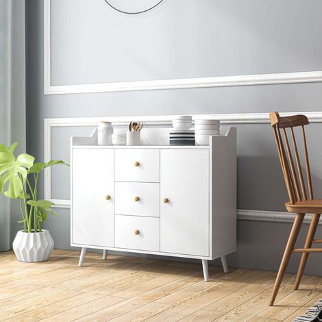 Buffet Meuble de Rangement 2 Portes 3 Tiroirs Pieds Bois Massif Style Moderne 90x32x80cm Blanc