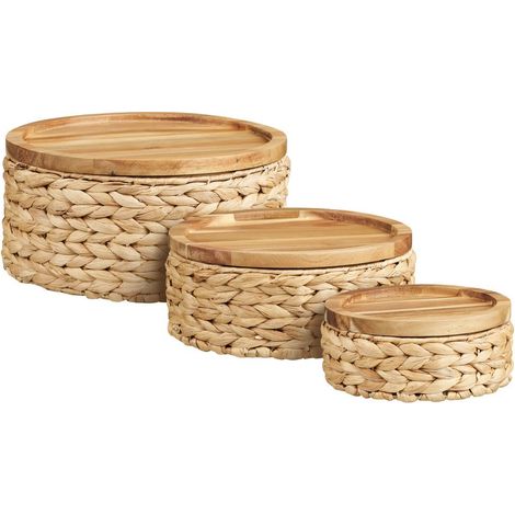 Lot de 3 paniers en jacinthe naturelle tressé avec couvercle en bois - BOLIVIA (1/5)