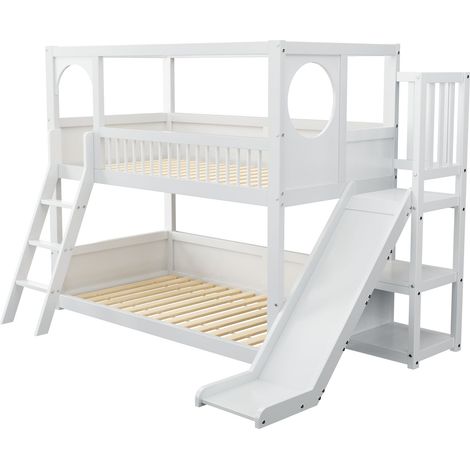 Lit superposé pour enfants, lit double, lit multifonctionnel pour enfants, avec étagères, avec toboggan, sans matelas, blanc, 90200[OLD SKU:N634W0023W]