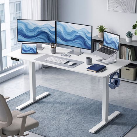 Bureau électrique réglable en hauteur, 140 x 60 cm, blanc (1/5)