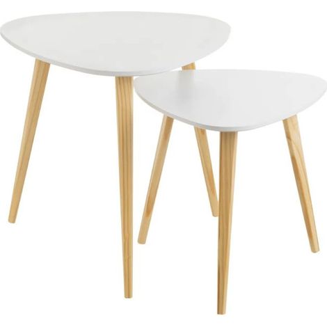 Table d'appoint - JUANIO - Table triangle Blanc/chêne naturel - Lot de 2 - Plateau MDF laqué 12 mm - Pieds pin Ø17 mm (1/4)