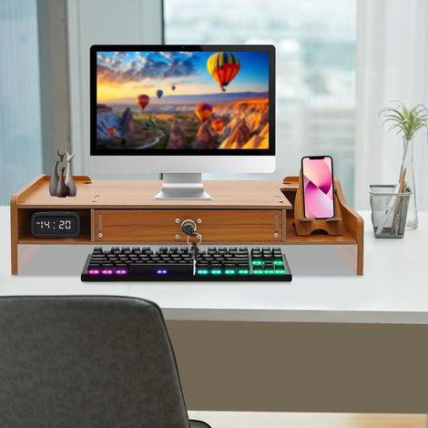 Support de moniteur avec tiroir Support d'étagère ergonomique pour écrans PC, ordinateurs portables et imprimantes Support d'affichage organisationnel pour postes de travail - En bois - 48 x 20 x 10 (1/5)