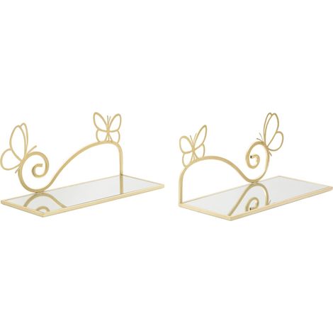Comodino Mensola Butterfly Coppia 41,5x18x21 cm in Ferro e MDF e Specchio Oro (1/5)