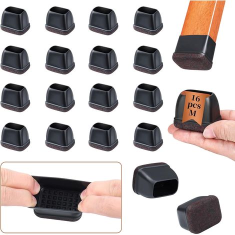 Protection Pied De Chaise, 16PCS Rectangulaire Patin Chaise Silicone, Noir Embout Pied De Chaise avec Tampon Feutré, Protéger Le Sol sans Bruit, Convient Largeur 18-22mm, Longueur 34-42mm (1/5)