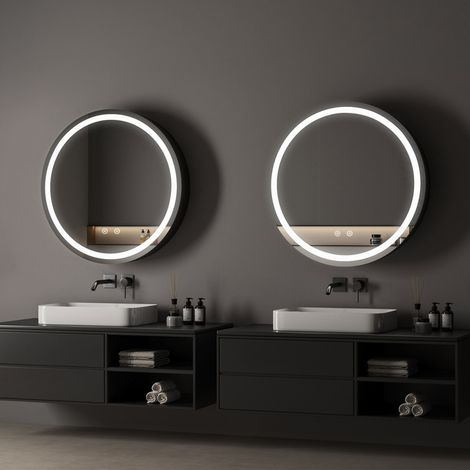Spiegelschrank Rund mit Beleuchtung 60x60cm Spiegelschrank Bad mit Beleuchtung Badspiegel mit Beleuchtung Badschrank Hängeschränke mit 3 Einstellbare Lichtfarben Beschlagfrei, Schwarz