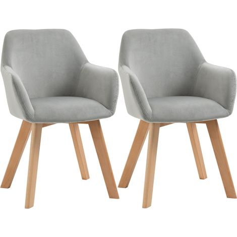 Lote de 2 sillas de comedor en poliéster con brazos y patas de madera, gris (1/5)