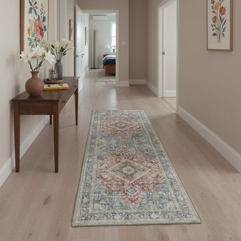 Tapis Salon Vintage Entree 80x150cm Lavable en Machine AntidéRapant Poil Ras, pour Chambre Salle a Manger Descente de Lit Bureau, Cuisine, Rouge Lie de Vin (1/5)