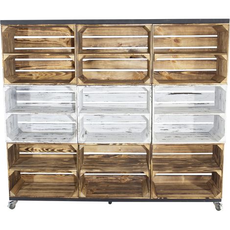 Raumtrenner/ Kommode aus 9 Obstkisten (6 geflammt und 3 shabby weiß) mit 2 Bohlenbrettern in schwarz auf Rollen, 133x150x30 (1/3)