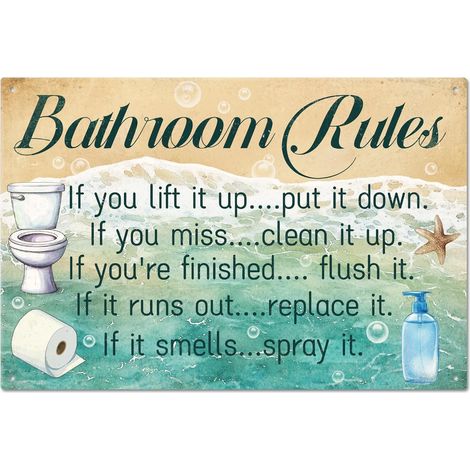 Plaque en étain métallique de règles de salle de bain 20x30 cm, Peinture en étain vintage de plage d'été, Plaques, Affiche murale, Plaque pour la décoration murale de salle de bain, maison de plage, b (1/5)