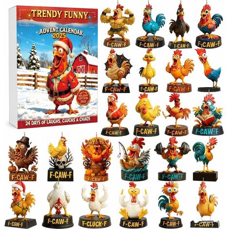 Coffret surprise de l'Avent de Noël, pendentif animal mignon en acrylique, 24 décorations pour sapin, cadeau poulet rigolo (gj643-001) (1/3)