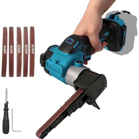Ponceuse à bande sans fil compatible avec batterie 18 V, 0-13000 tr/min 360° réglable sans balais avec 20 bandes abrasives pour bois, métal, plastique (bleu) (1/5)