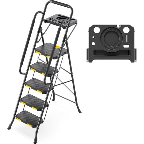 5 Step Ladder with Tool Tray and Wide Non Slip Pedal, Folding Step Step with Handrails, Home Ladder for Home, Kitchen, Pantry, Cupboards and Office, Black (1/5)