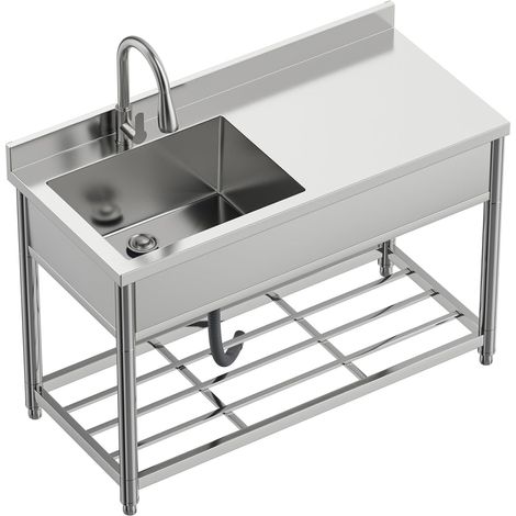 Évier Autoportant en Acier Inox avec Table de Travail, Évier de Cuisine Commercial avec Robinet Extensible, Évier pour Extérieur, Cuisine, Garage, Restaurant, 55P x 120L x 94H cm (1/5)