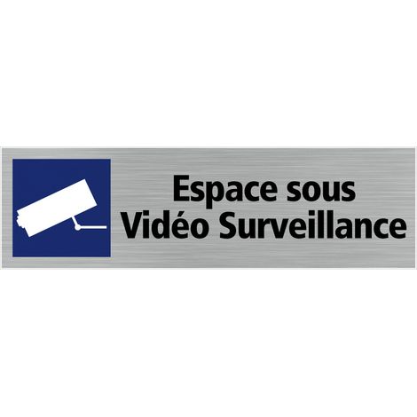 Signaletique.Biz France – Plaque de porte espace sous vidéo surveillance – Pictogramme caméra – Adhésif aspect aluminium brossé – 170x50 mm pour surfaces lisses