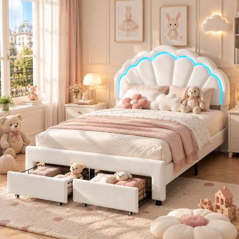 Lit enfant 140x200 cm,lit capitonné simple avec 1 Tiroir,Tête de lit coquillage avec éclairage LED,Lit Princesse,Sommier à lattes,Velours, Blanc (1/5)