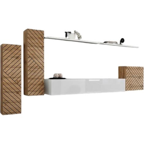 Insieme mobile soggiorno SWITCH I design, colore quercia wotan e bianco. Finiture effetto quercia fresata.