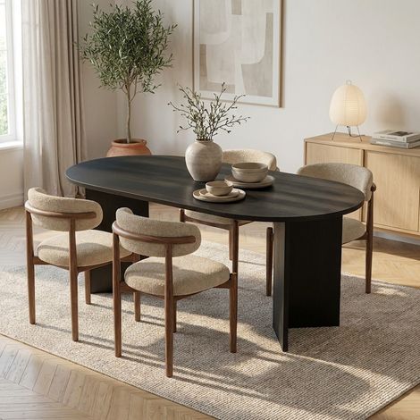 Ovaler Esstisch aus schwarzem Melamin – Japandi – 200 x 89,5 x 75