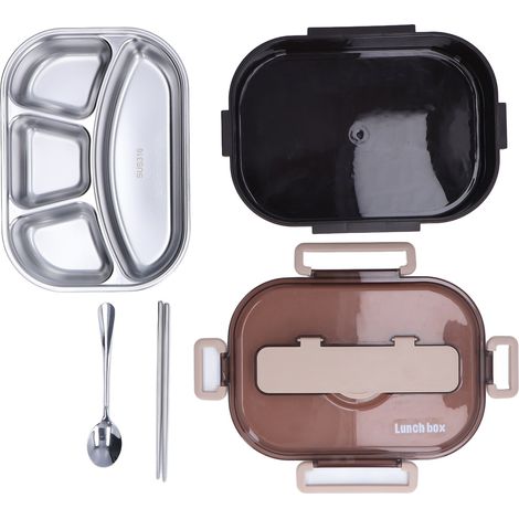 Bento-Box für Büro, Schule und Kantine, auslaufsichere Fächer für Kinder, isolierte Lunchbox aus Edelstahl 316, vier schwarze Fächer, einzigartiges Design (1/5)