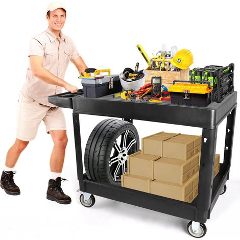 600 Livres 2 Niveaux Chariot Utilitaire Robuste sur roulettes Capacité Supplémentaire Grand Chariot Service Polyvalent Avec Poignée Organisateur Rangement Chariot Outils Mobile Entrepôt (1/5)