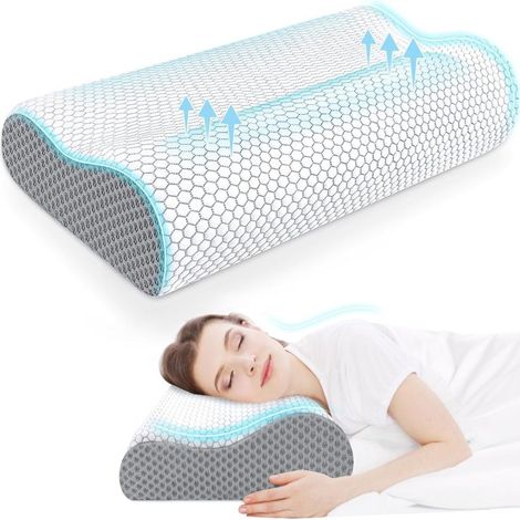 Almohada cervical estándar fabricada en espuma viscoelástica blanca y gris para aliviar el dolor de hombros y espalda. Apta para diversas posiciones al dormir. (1/5)