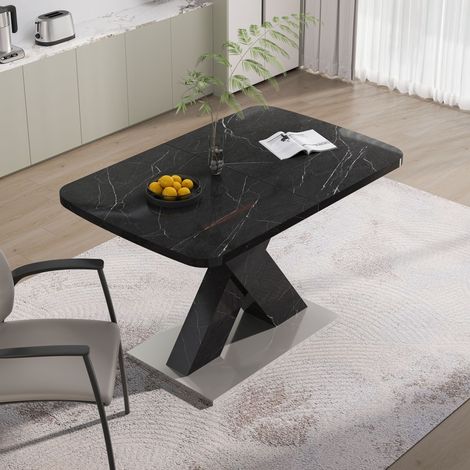 Table à manger rectangulaire extensible 120-160 cm, plateau marbre noir imprimé, pieds croisés en MDF et métal, design moderne (1/5)
