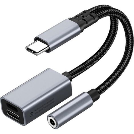 Câble audio USB-C vers 3,5 mm, câble de charge musicale USB-C vers 3,5 mm, câble double usage pratique et fonctionnel pour charger et écouter de la musique, gris. (1/5)