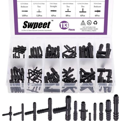 Assortment of 113 barbed-type vacuum connectors, including T-connectors and hose reducer fittings with straight hose connectors (1/5)